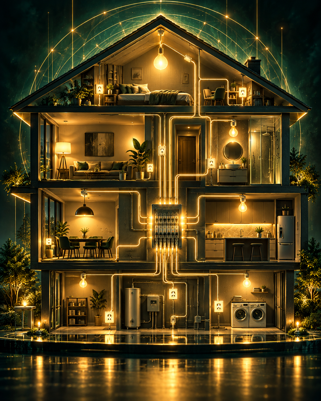 Metáfora visual de una casa y su instalación eléctrica